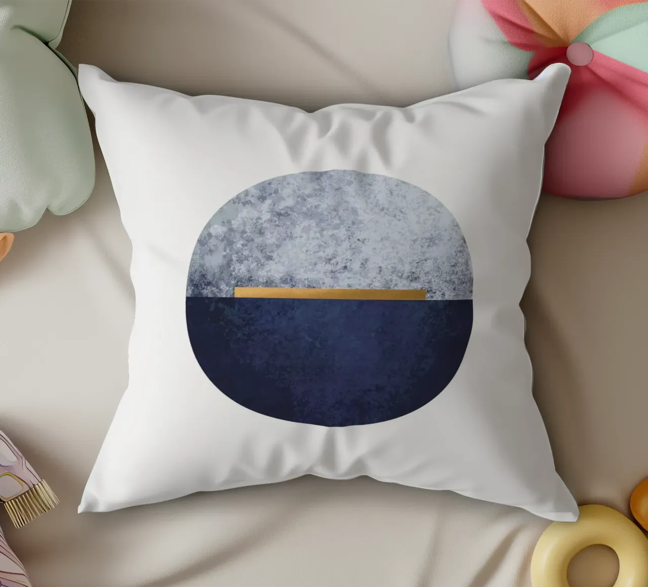 Abstract semicircle in blue and gold - Modern mural decorative cushion by Whole©