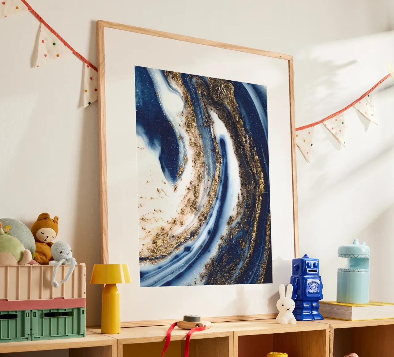 Abstract kunstwerk in blauw en goud hahnemühle van Whole©