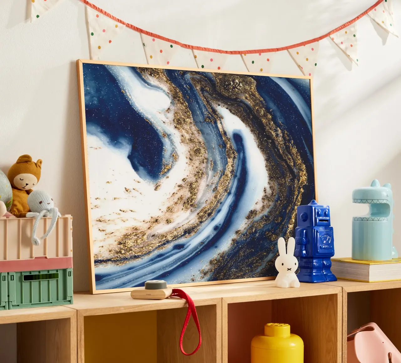Abstract kunstwerk in blauw en goud hahnemühle van Whole©