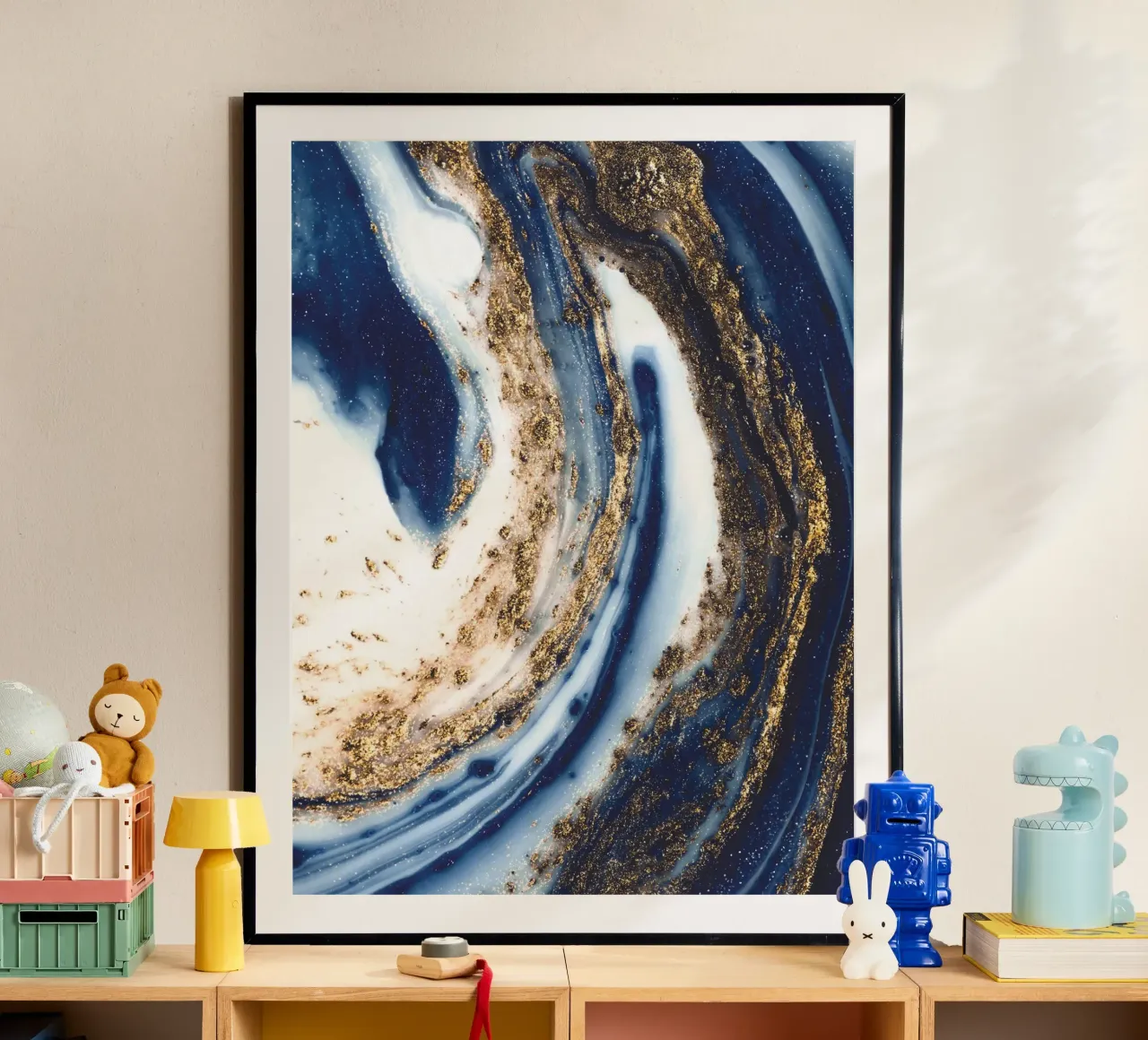 Abstract kunstwerk in blauw en goud hahnemühle van Whole©