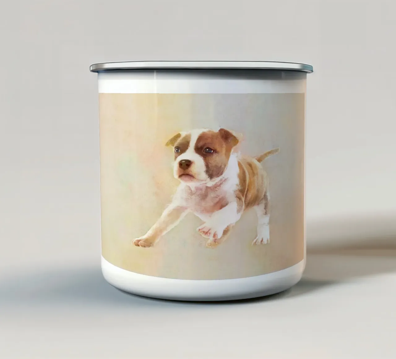 Playful Pup in Action enamel mug by Artascy Art