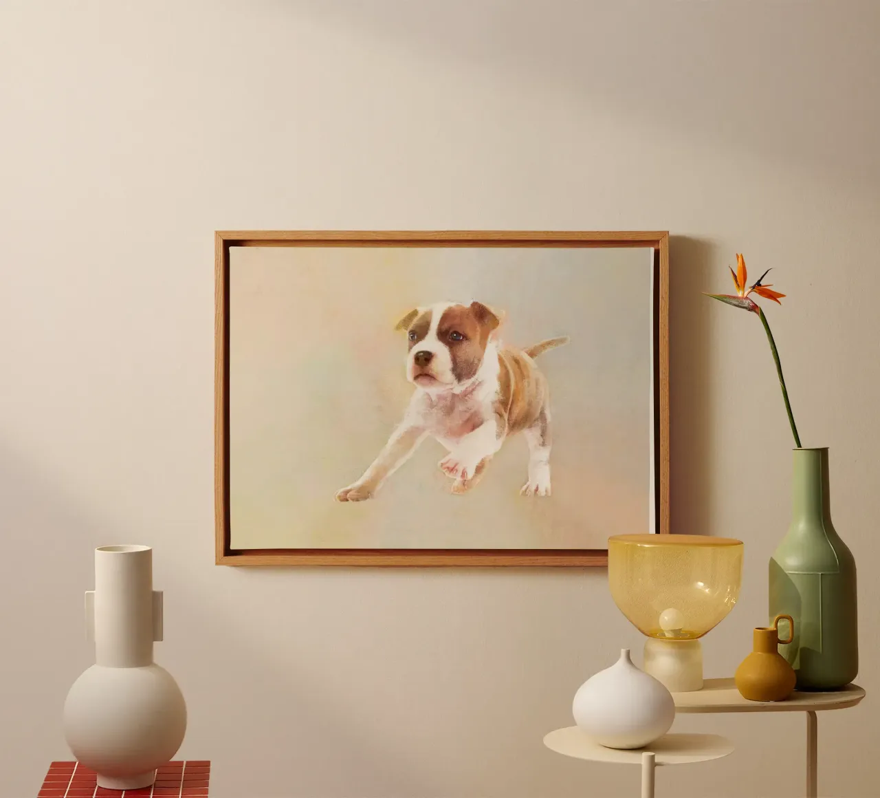 Speelse pup in actie canvas met Baklijst van Artascy Art