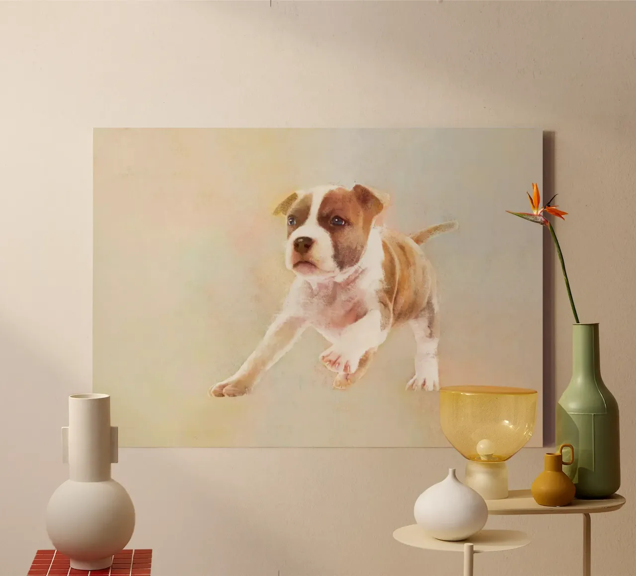 Speelse pup in actie canvas met Baklijst van Artascy Art