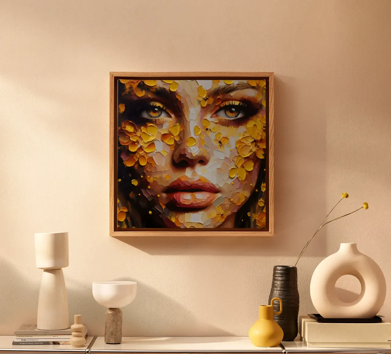 GELE BLOEMBLAADJES SCHILDEREN canvas met Baklijst van ARTOMATIC