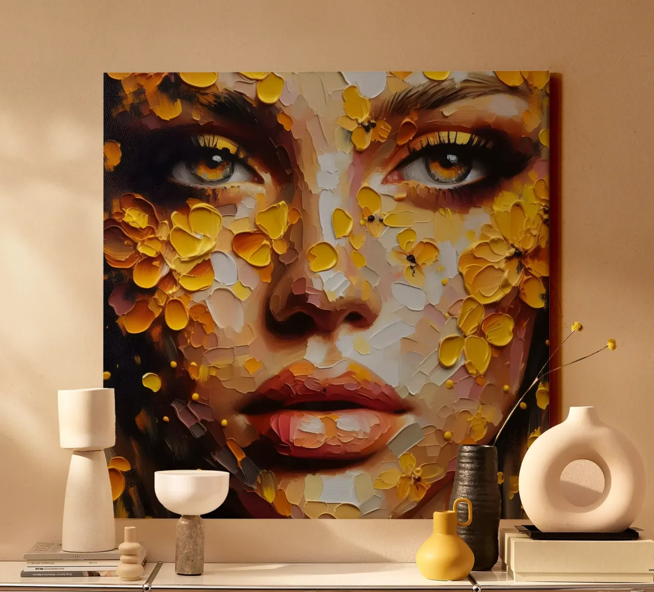 GELE BLOEMBLAADJES SCHILDEREN canvas met Baklijst van ARTOMATIC