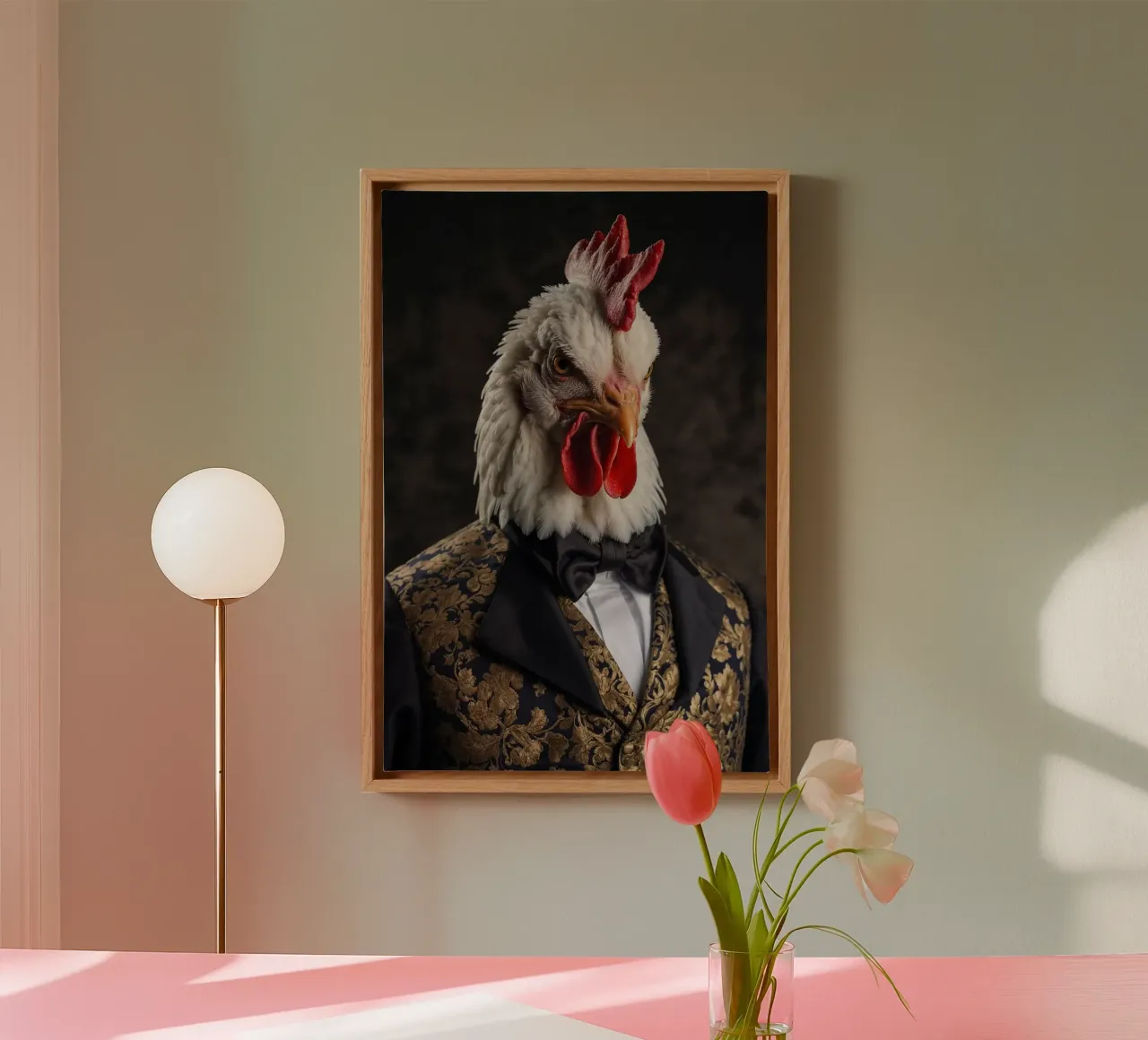 Sir Cluckington - Der Dapper-Hahn Leinwand mit Schattenfugenrahmen von Beasts of Nobility