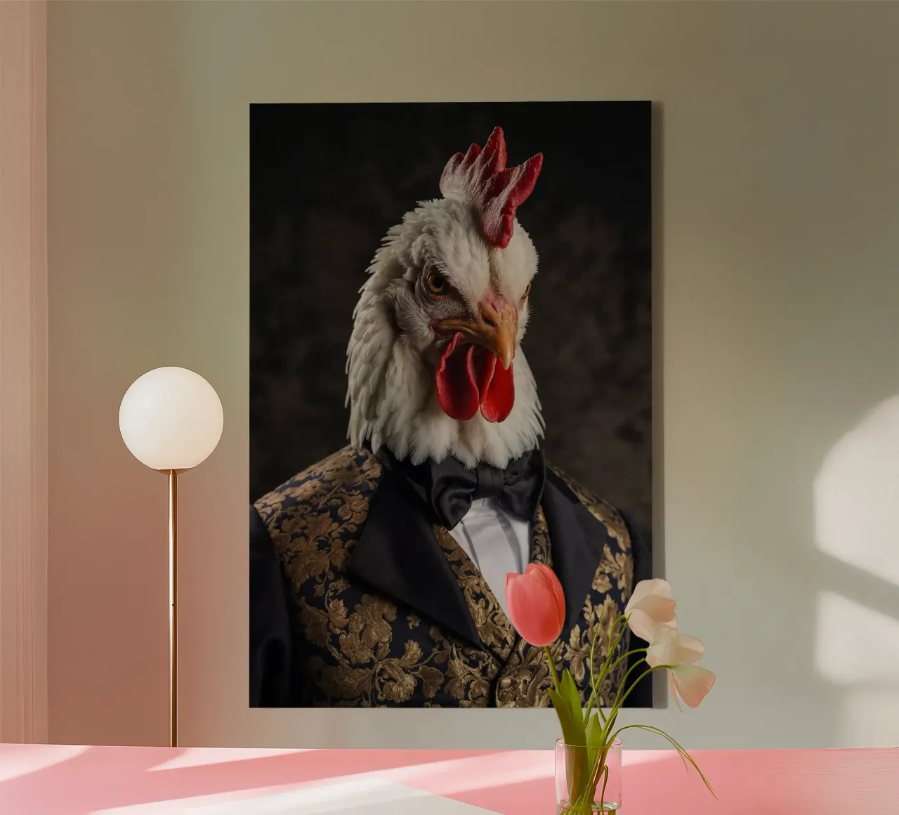Sir Cluckington - Der Dapper-Hahn Leinwand mit Schattenfugenrahmen von Beasts of Nobility