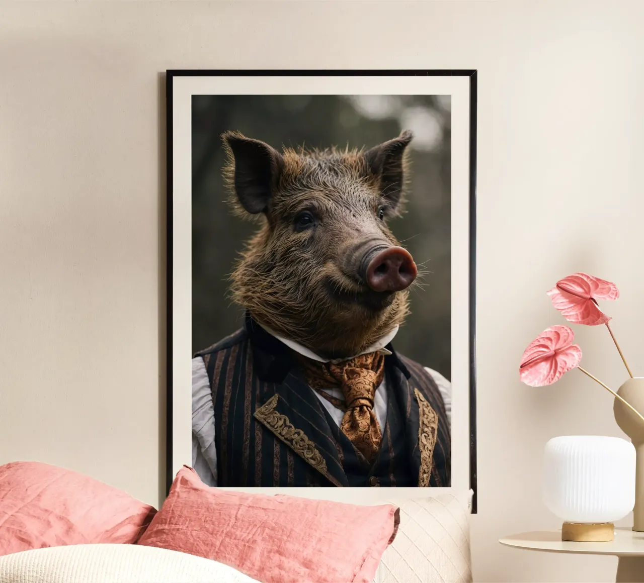 Sir Trotwell - Das edle Wildschwein der Wälder Poster mit Holzrahmen von Beasts of Nobility