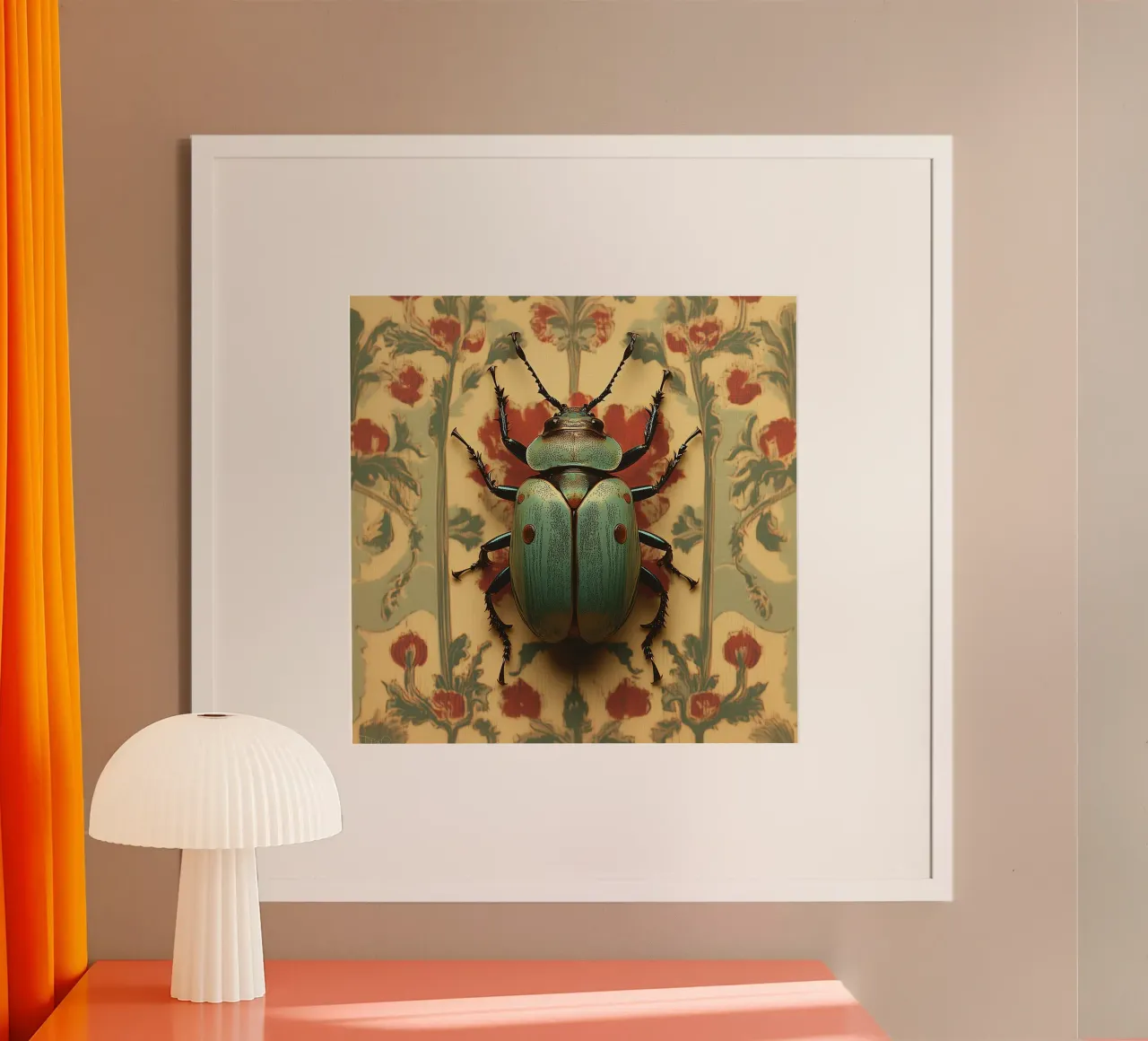 Vintage turquoise beetle on wallpaper poster with plastic frame by Little Things