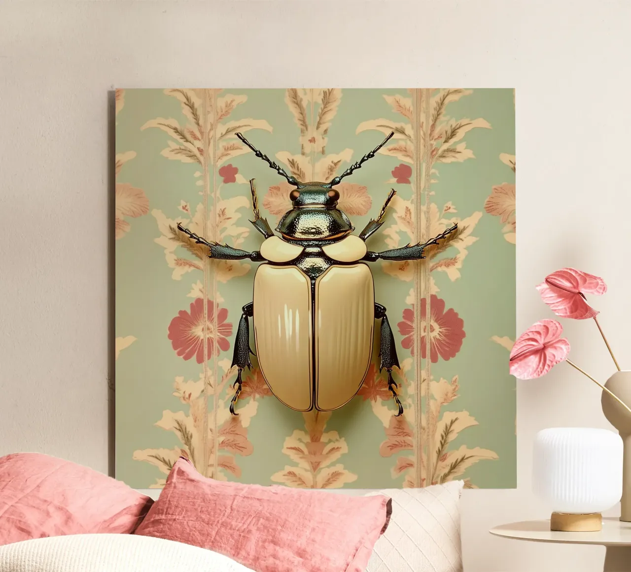 Vintage jewerly beetle on floral wallpaper alu-dibond by Little Things