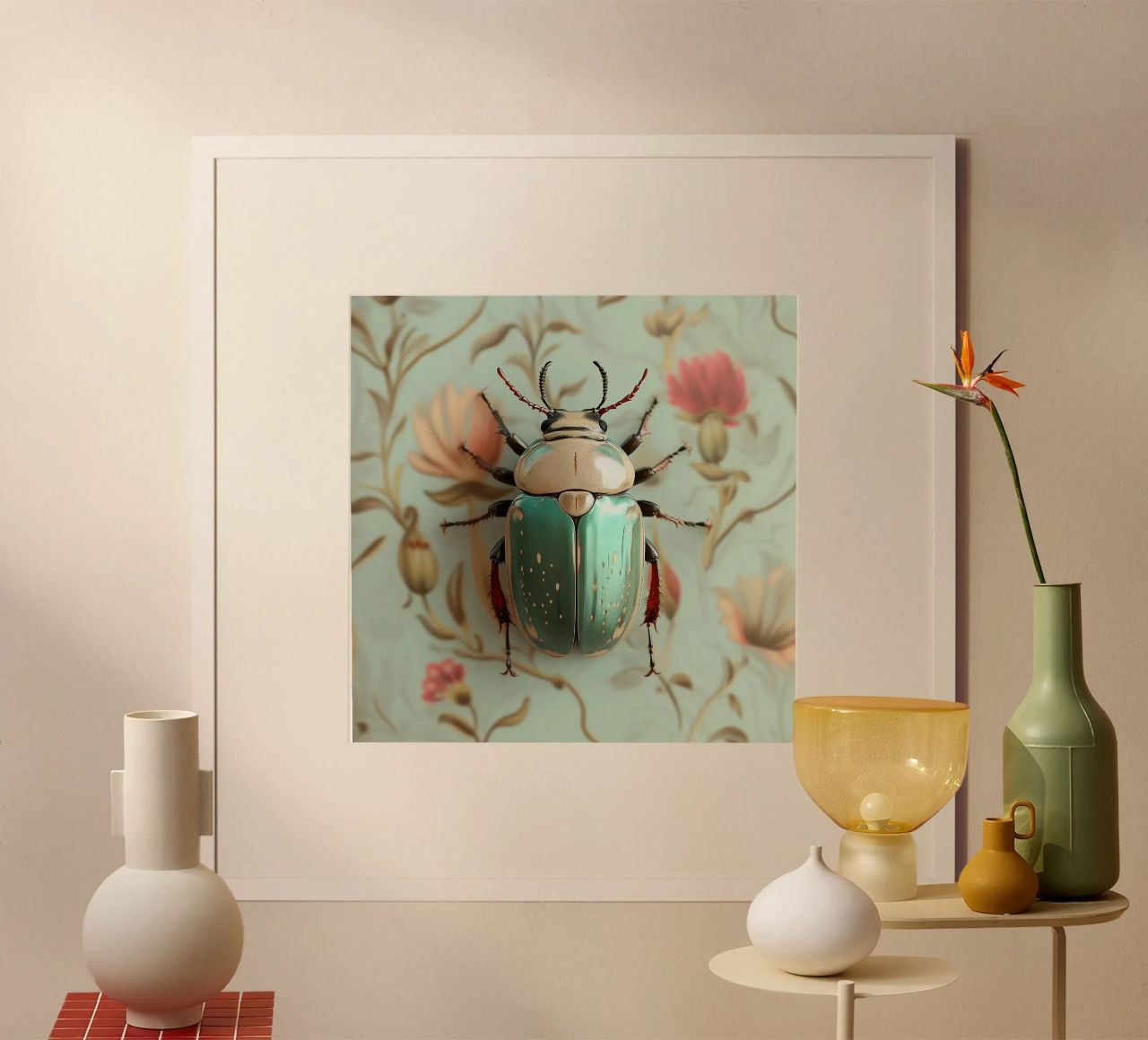 Turquoise beetle on floral wallpaper poster by Little Things
