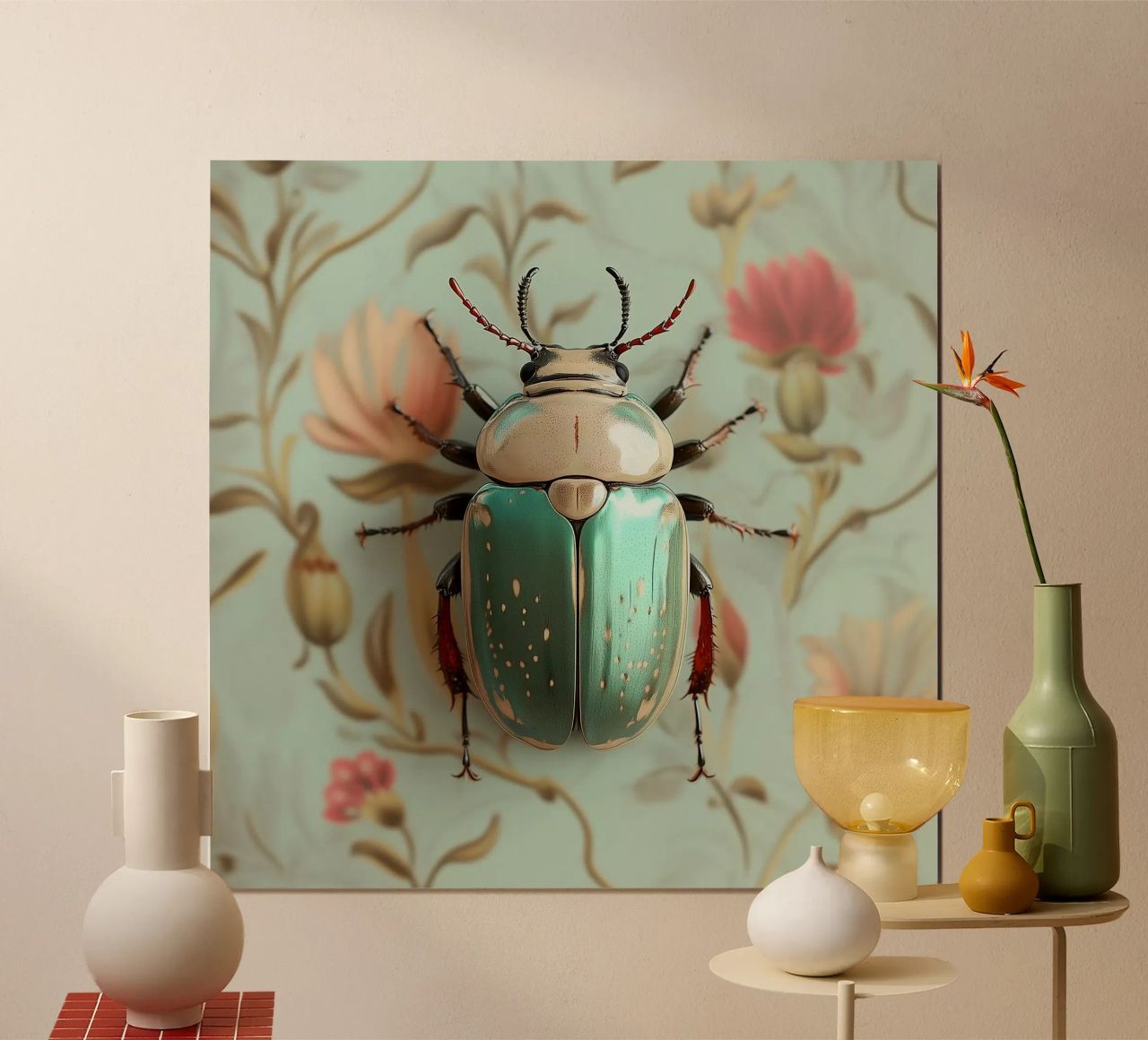 Turquoise beetle on floral wallpaper poster by Little Things