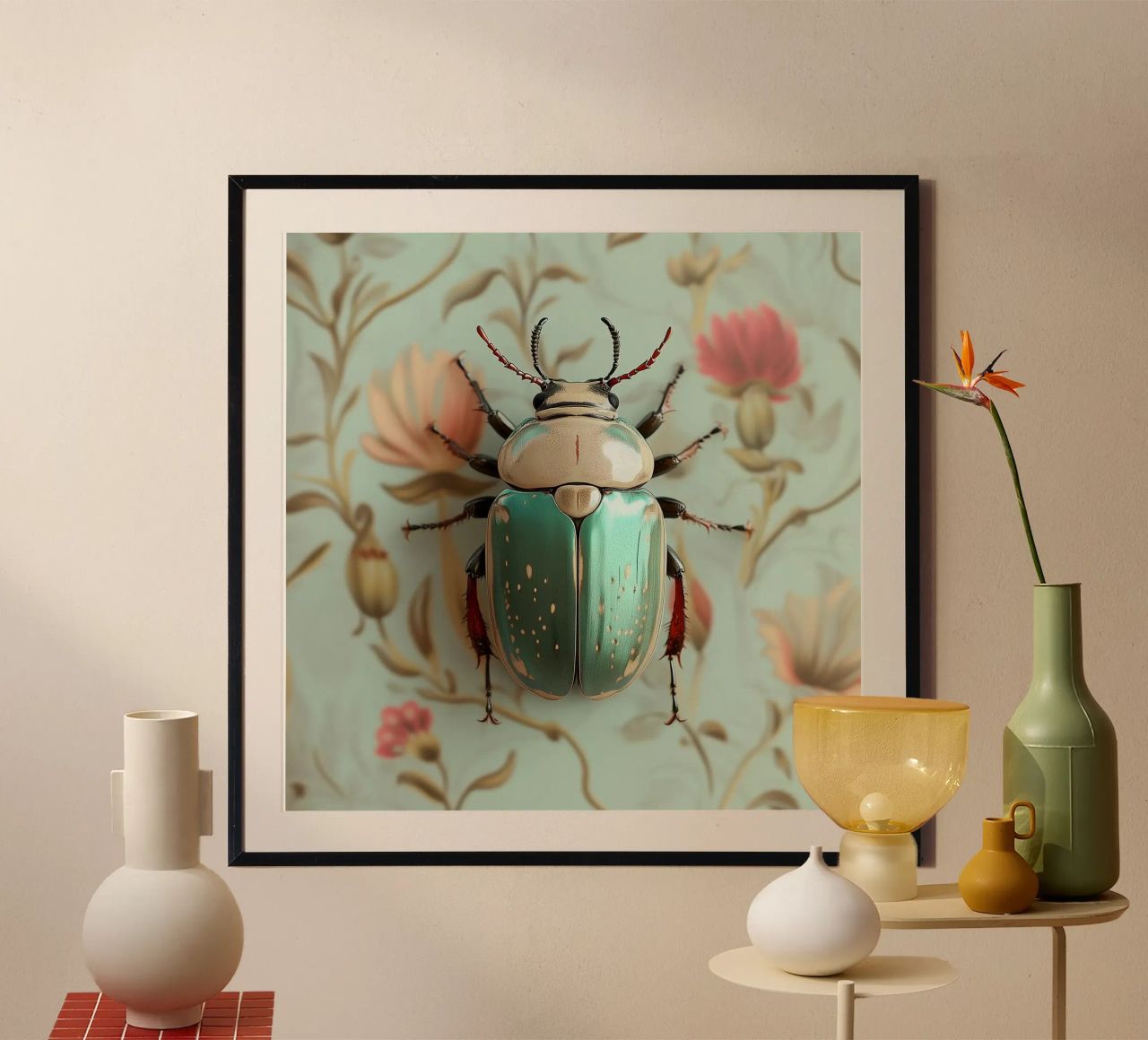 Turquoise beetle on floral wallpaper poster by Little Things