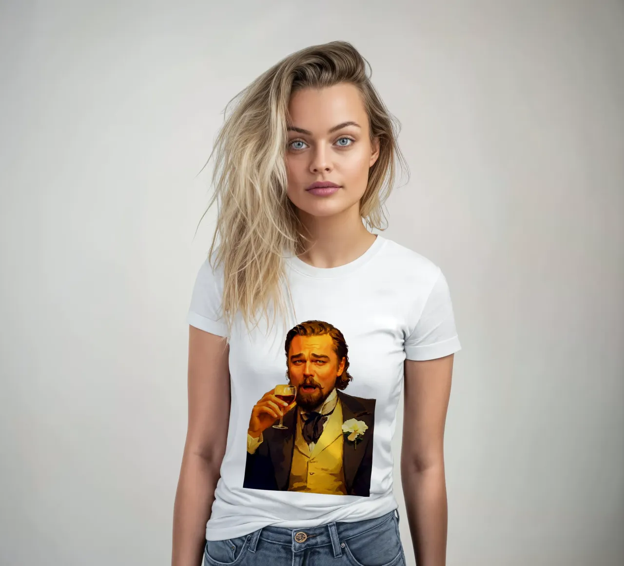 Laughing Leonardo DiCaprio Meme women's fitted t-shirt by Lootprint