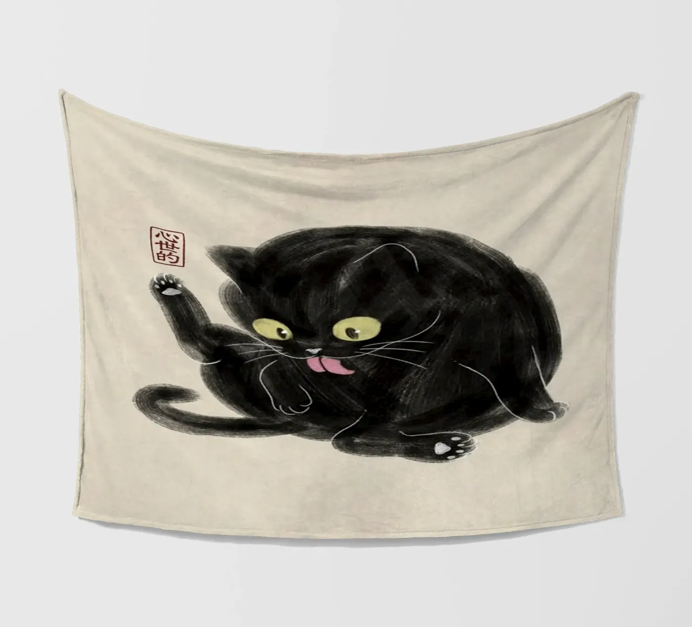 Chubby Black Cat Illustration - Japanese Sumi-e Style fleece blanket by syntetyc