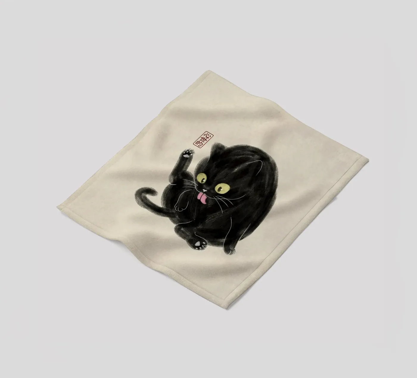 Chubby Black Cat Illustration - Japanese Sumi-e Style fleece blanket by syntetyc
