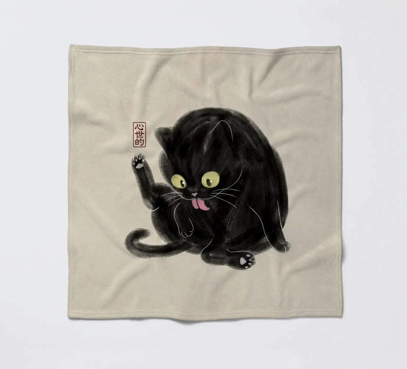 Chubby Black Cat Illustration - Japanese Sumi-e Style fleece blanket by syntetyc