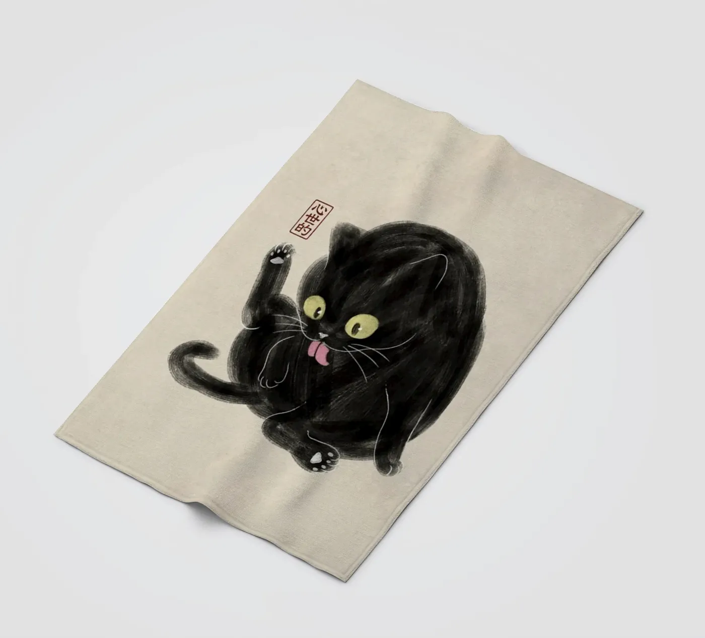 Chubby Black Cat Illustration - Japanese Sumi-e Style fleece blanket by syntetyc