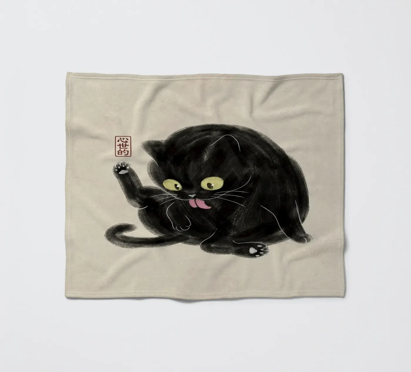 Chubby Black Cat Illustration - Japanese Sumi-e Style fleece blanket by syntetyc