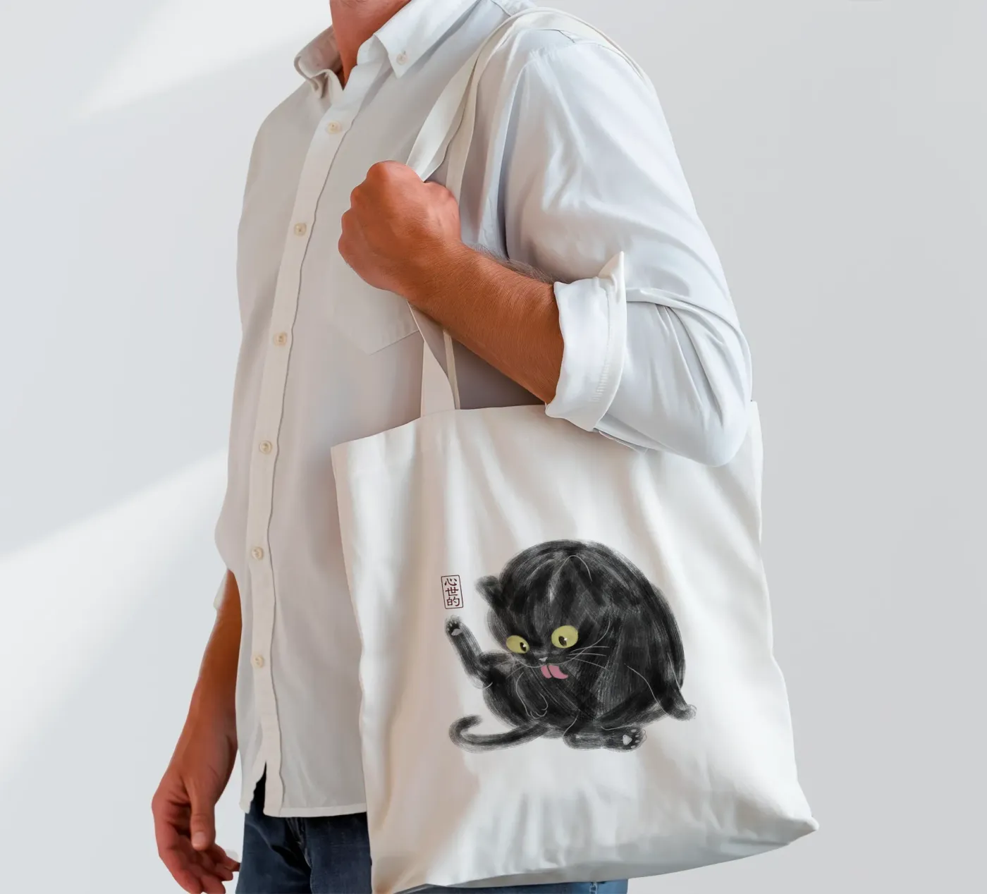 Chubby Black Cat Illustration - Japanese Sumi-e Style tote bag by syntetyc