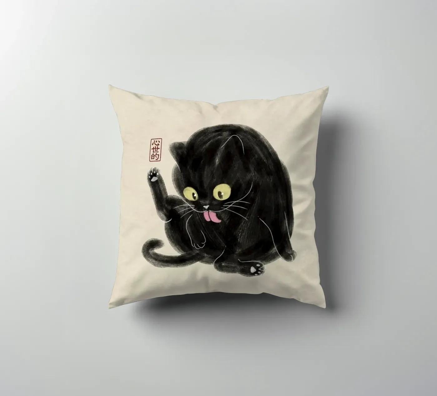Chubby Black Cat Illustration - Japanese Sumi-e Style decorative cushion by syntetyc