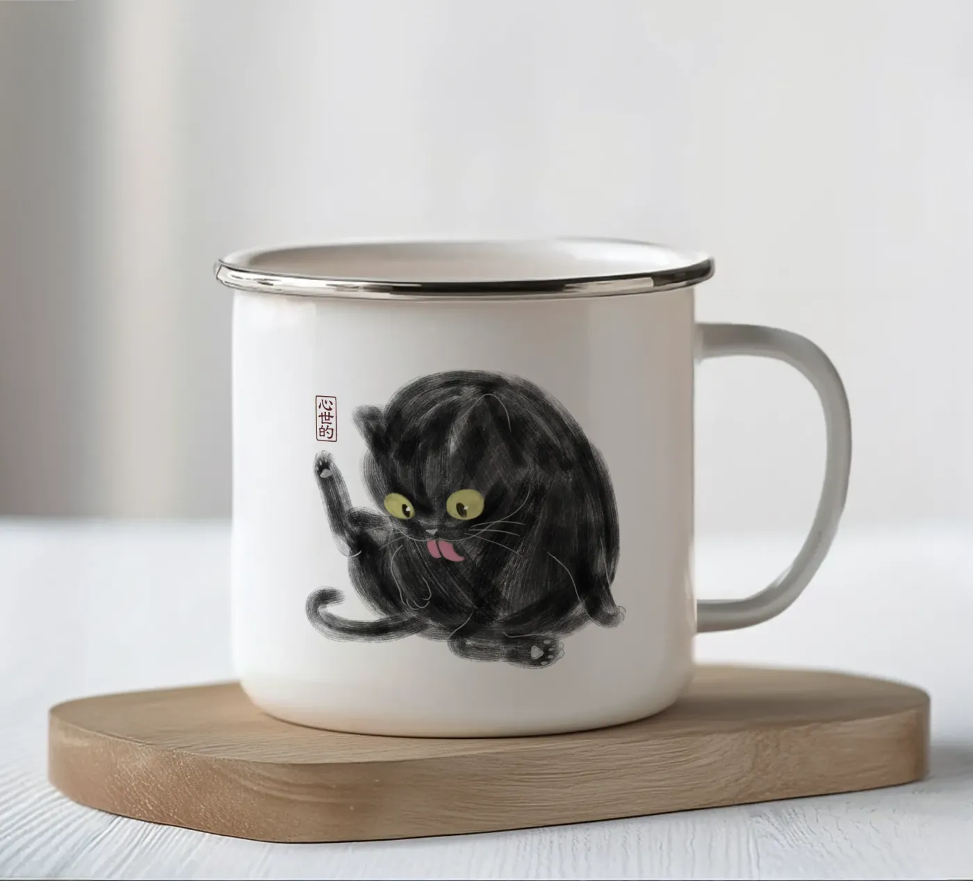 Chubby Black Cat Illustration - Japanese Sumi-e Style enamel mug by syntetyc
