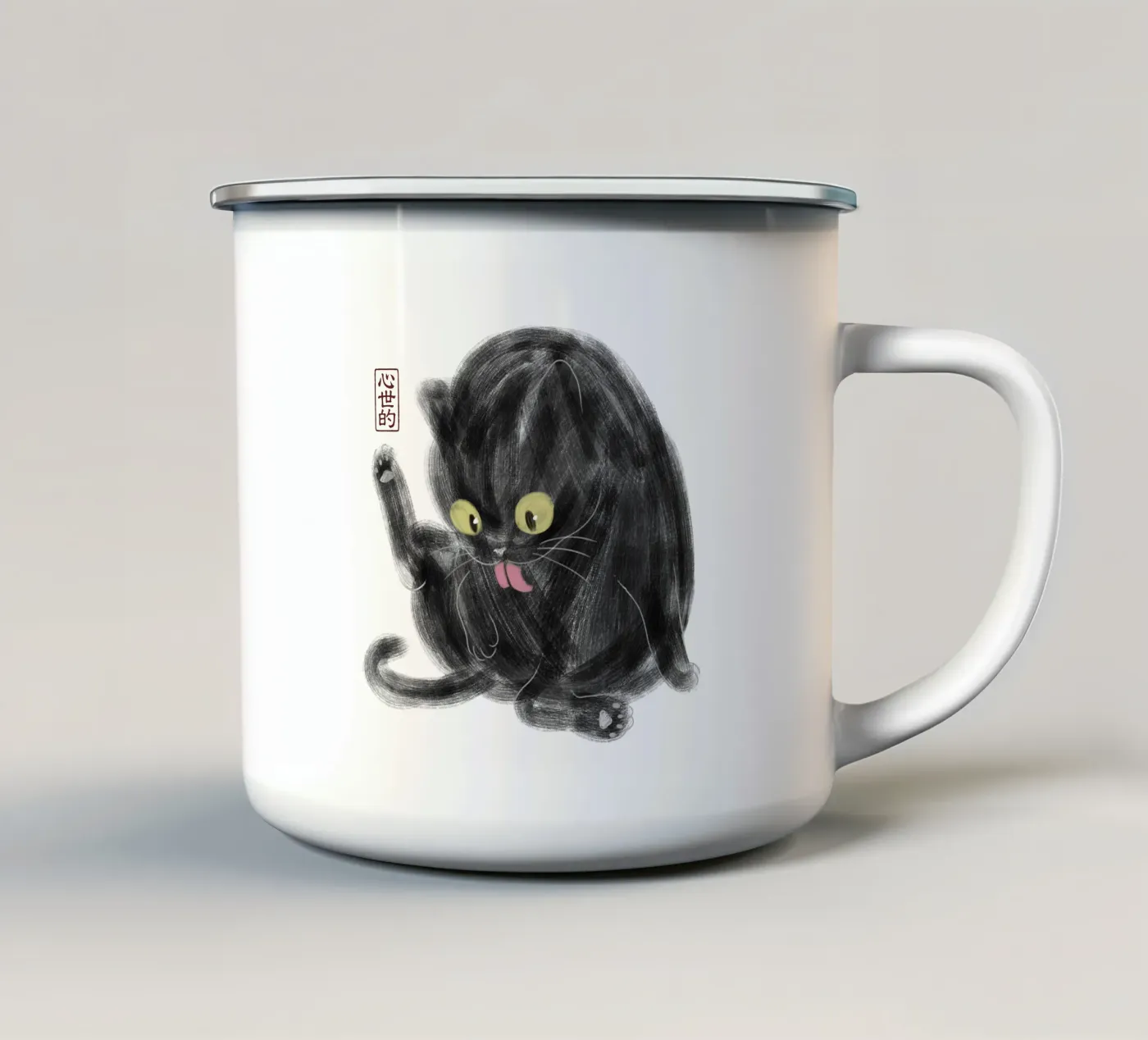 Chubby Black Cat Illustration - Japanese Sumi-e Style enamel mug by syntetyc