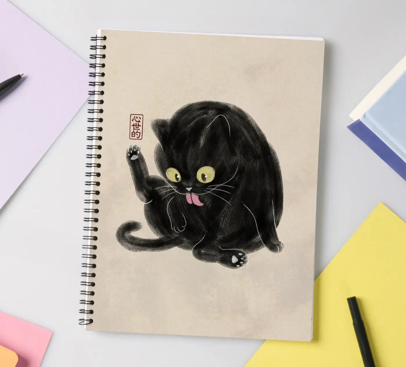 Chubby Black Cat Illustration - Japanese Sumi-e Style spiral notebook by syntetyc