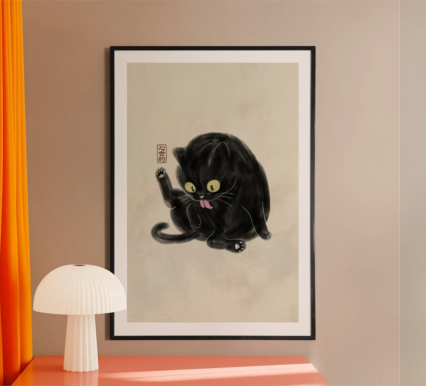 Chubby Black Cat Illustration - Japanese Sumi-e Style poster by syntetyc
