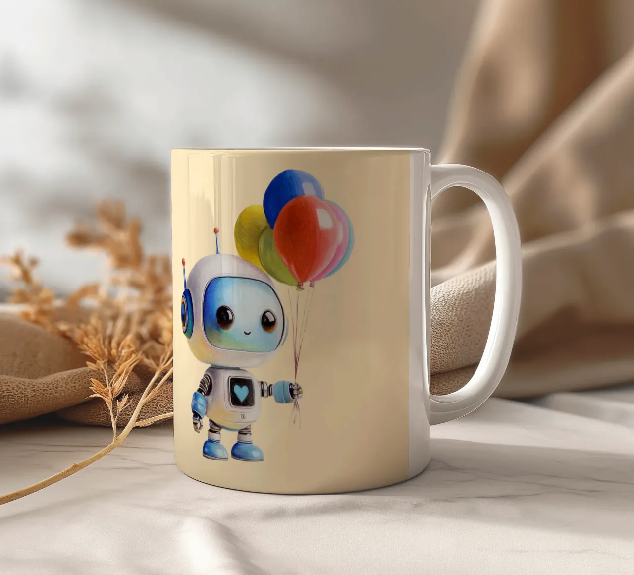 Roboter mit Luftballons Keramik Tasse von Graphit und Farbe