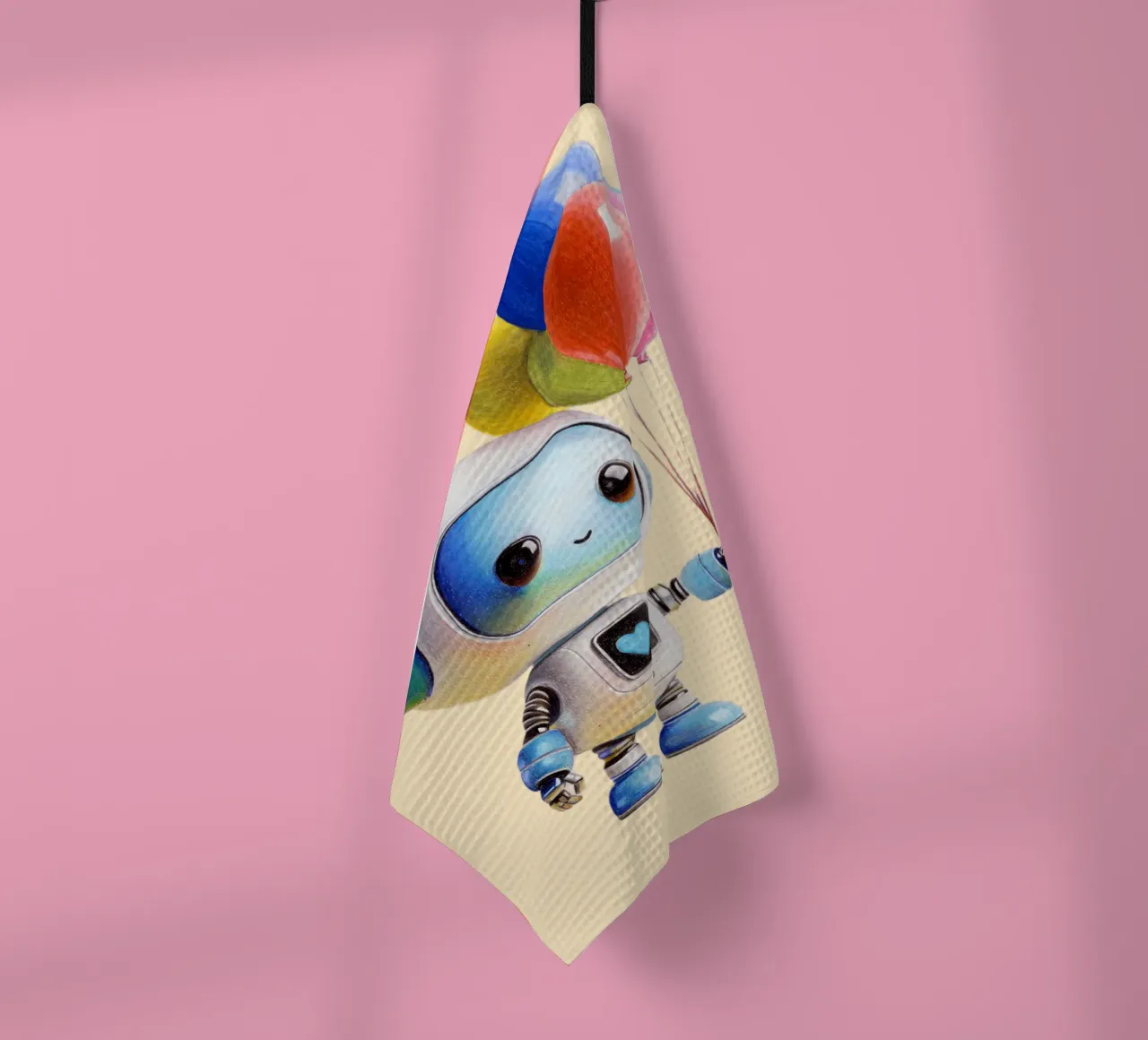 Robots with balloons tea towel by Graphit und Farbe