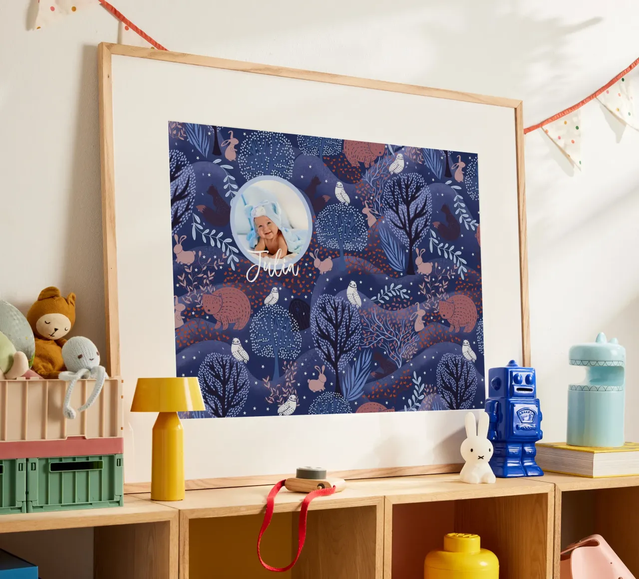 Personalized Magical Woodland Forest Creatures Baby kid art poster with wooden frame by Patruschka’s Patterns