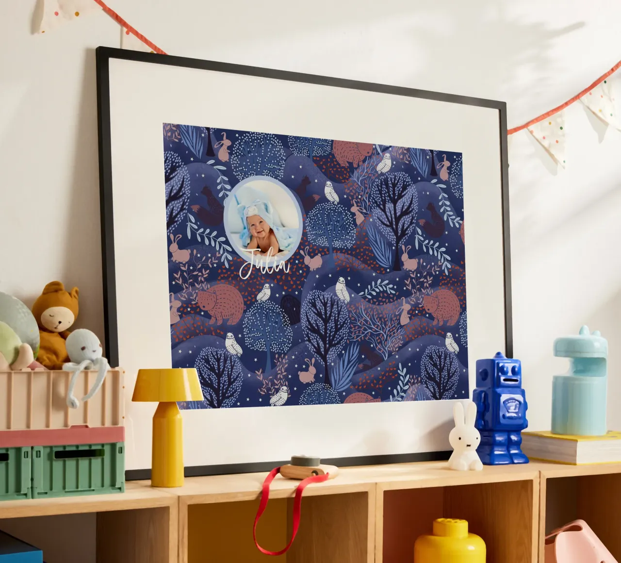 Personalized Magical Woodland Forest Creatures Baby kid art poster with wooden frame by Patruschka’s Patterns