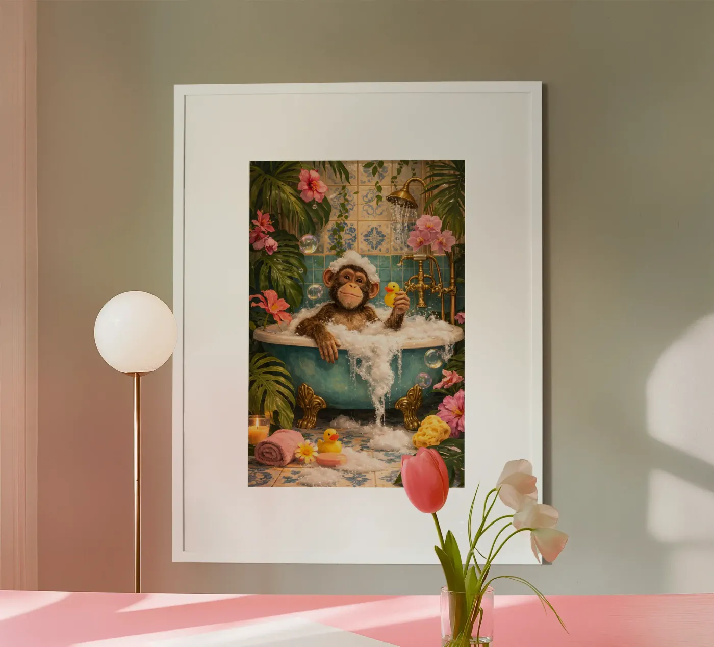 Maximalist funky bathing monkey poster by Words & wonders