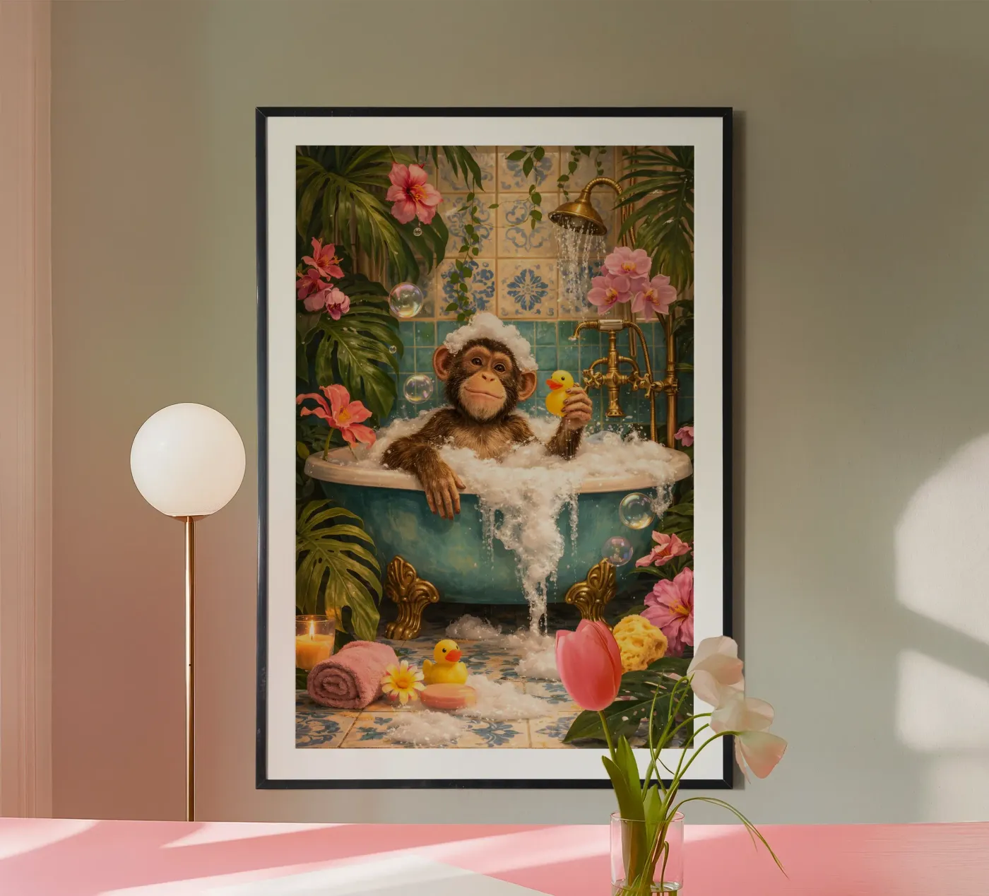 Maximalist funky bathing monkey poster by Words & wonders