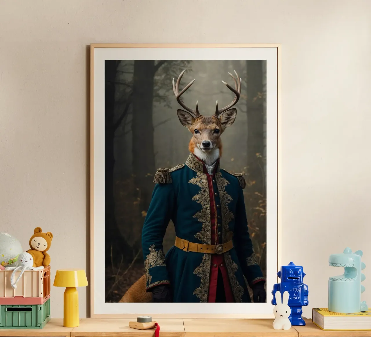 Generale Hartstag - Il re della foresta poster con telaio in legno da Beasts of Nobility