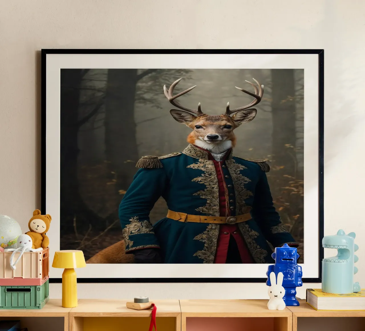 Generale Hartstag - Il re della foresta poster con telaio in legno da Beasts of Nobility