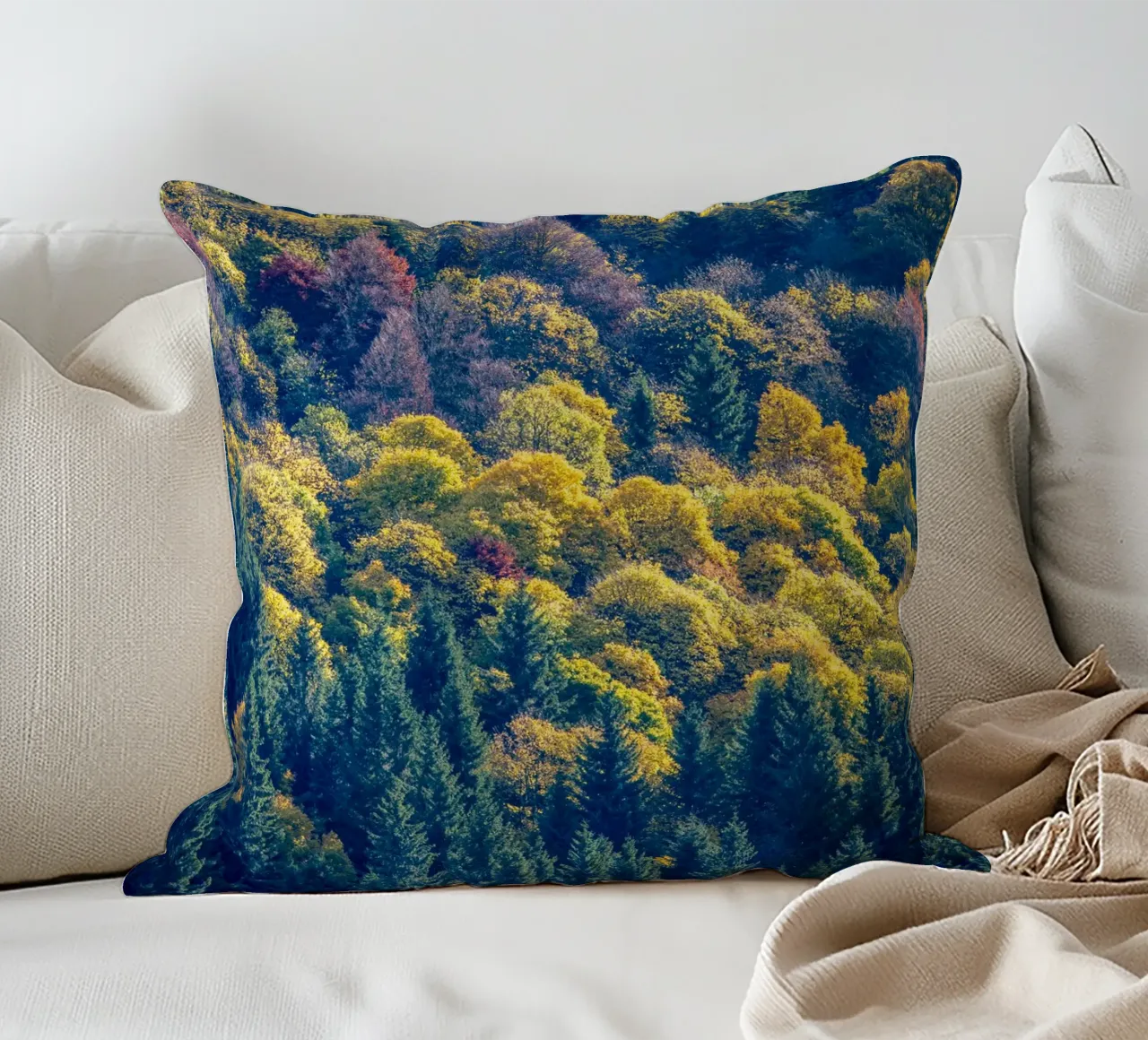 Colourful trees in a forest on a mountain cuscino da anderm