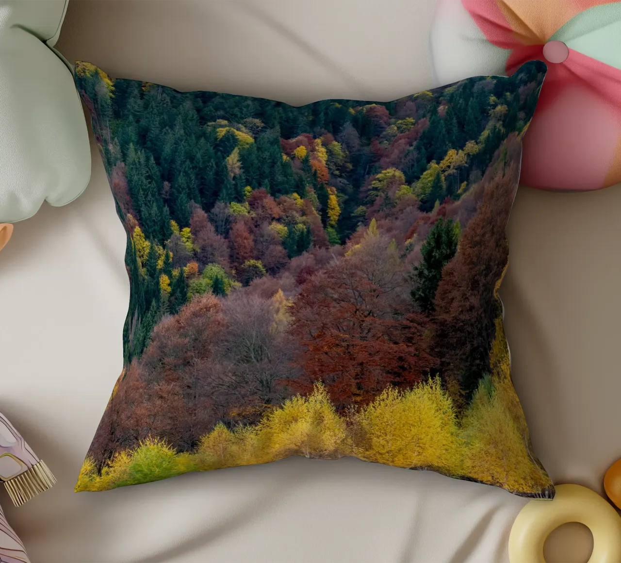 Colourful trees in a forest on a mountain cuscino da anderm