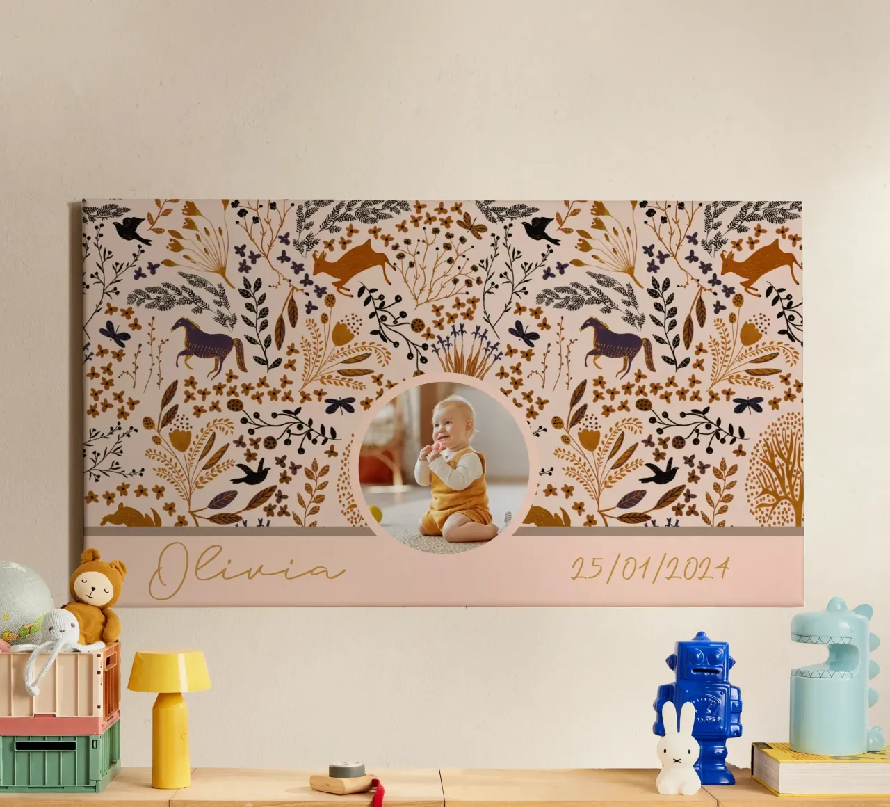 Gepersonaliseerd Boho Woodland Creatures schattig kraamcadeau canvas met Baklijst van Patruschka’s Patterns