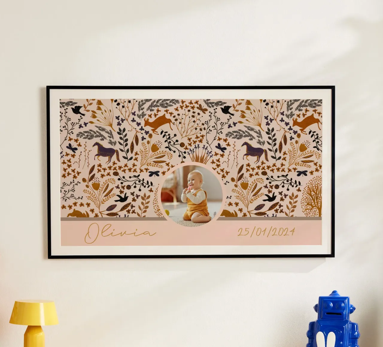 Personalized Boho Woodland Creatures cute baby gift poster with wooden frame by Patruschka’s Patterns