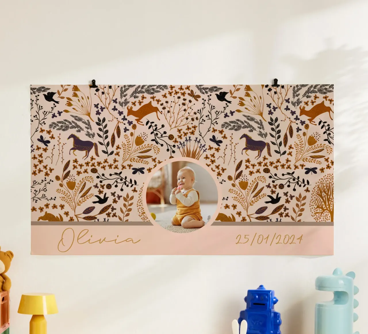 Personalized Boho Woodland Creatures cute baby gift poster with wooden frame by Patruschka’s Patterns