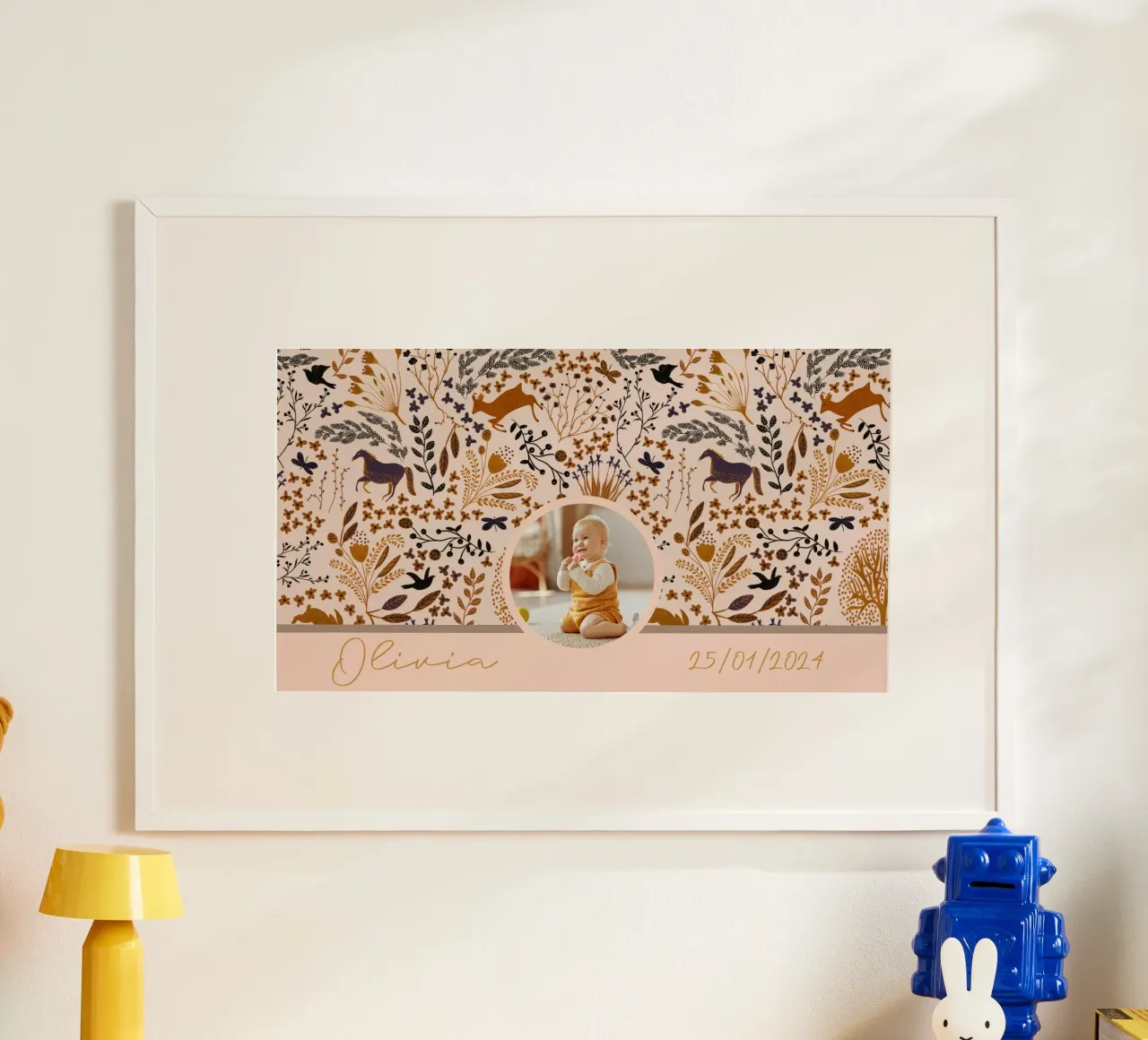 Personalized Boho Woodland Creatures cute baby gift poster with wooden frame by Patruschka’s Patterns