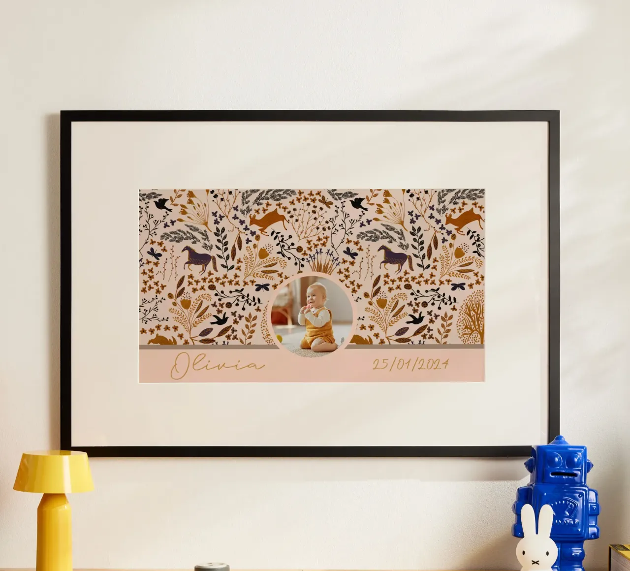 Personalized Boho Woodland Creatures cute baby gift poster with wooden frame by Patruschka’s Patterns