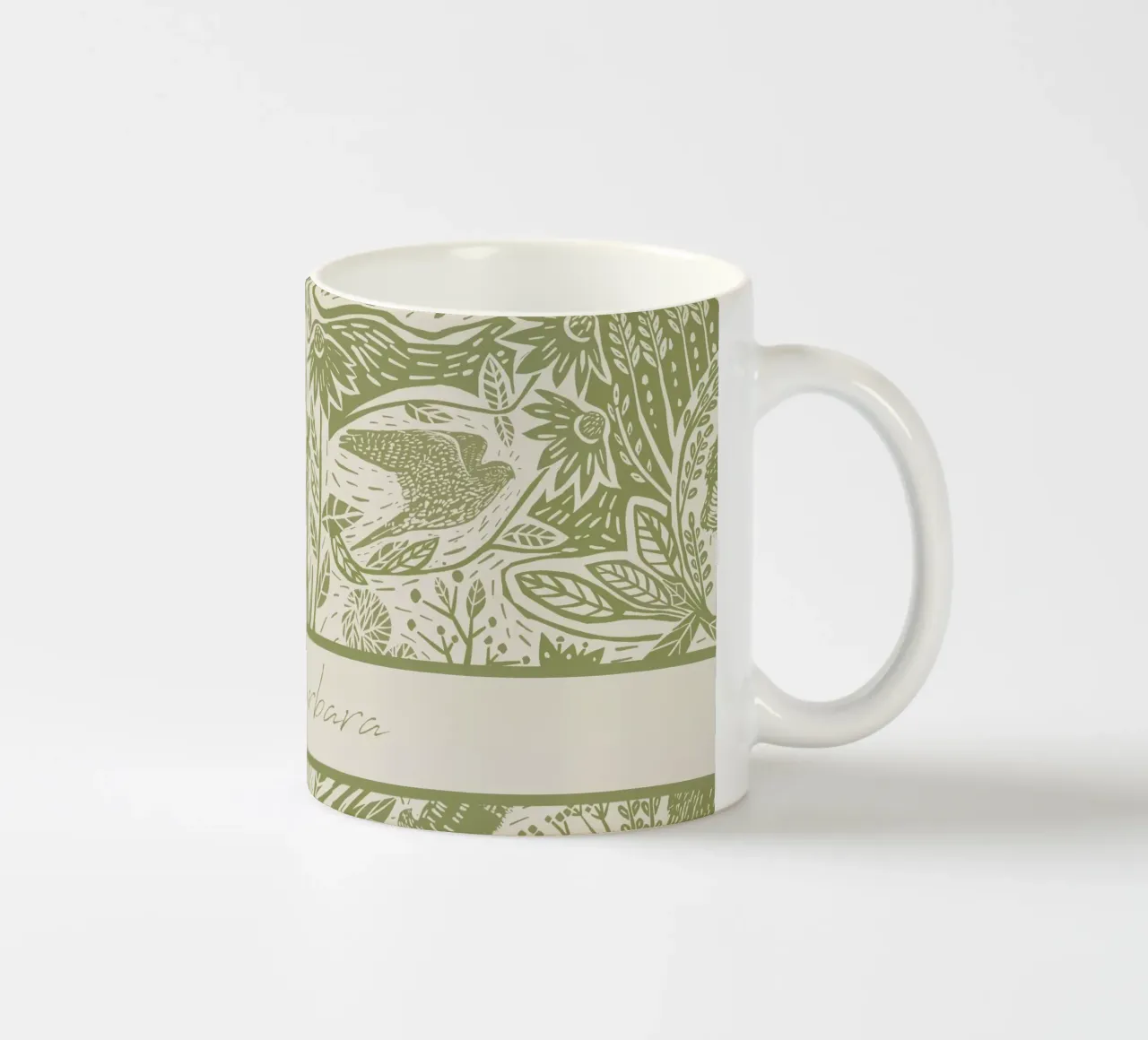 Gepersonaliseerde Boho Linosnede Vogels - Rustieke Kunstdruk keramische mok van Patruschka’s Patterns