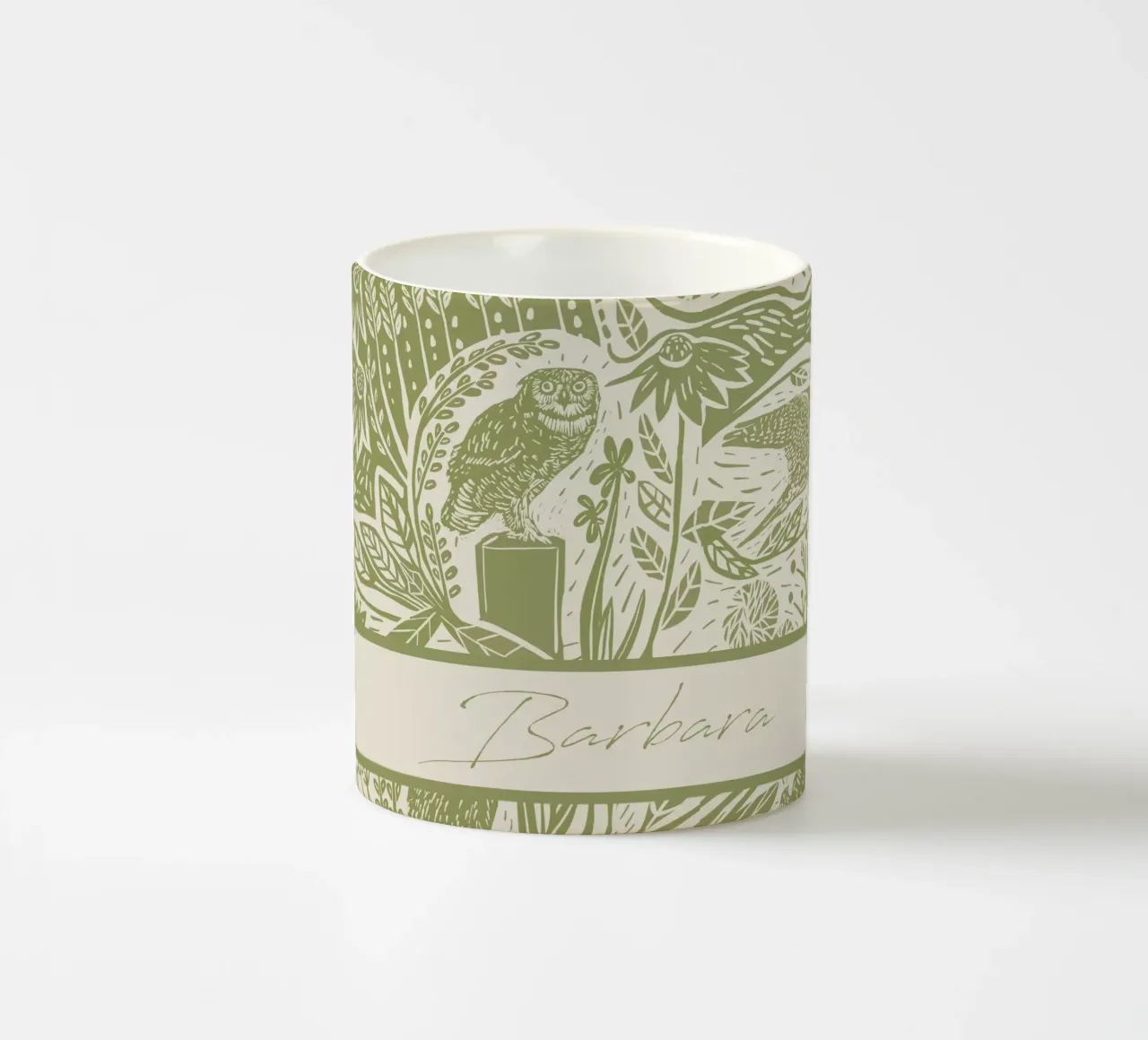 Gepersonaliseerde Boho Linosnede Vogels - Rustieke Kunstdruk keramische mok van Patruschka’s Patterns
