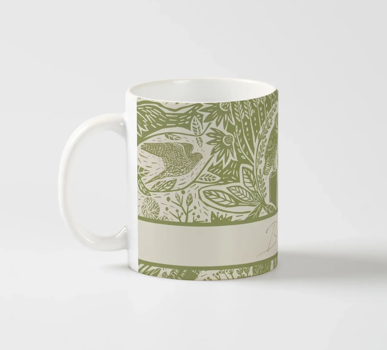 Gepersonaliseerde Boho Linosnede Vogels - Rustieke Kunstdruk keramische mok van Patruschka’s Patterns