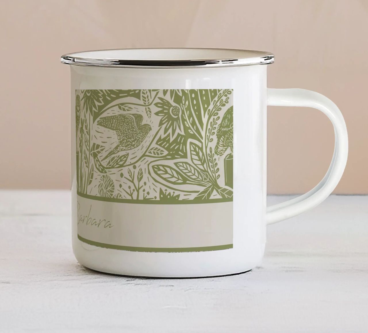 Gepersonaliseerde Boho Linosnede Vogels - Rustieke Kunstdruk emaille mok van Patruschka’s Patterns