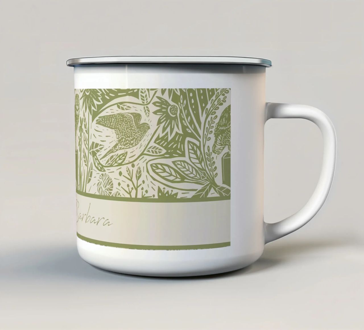 Gepersonaliseerde Boho Linosnede Vogels - Rustieke Kunstdruk emaille mok van Patruschka’s Patterns