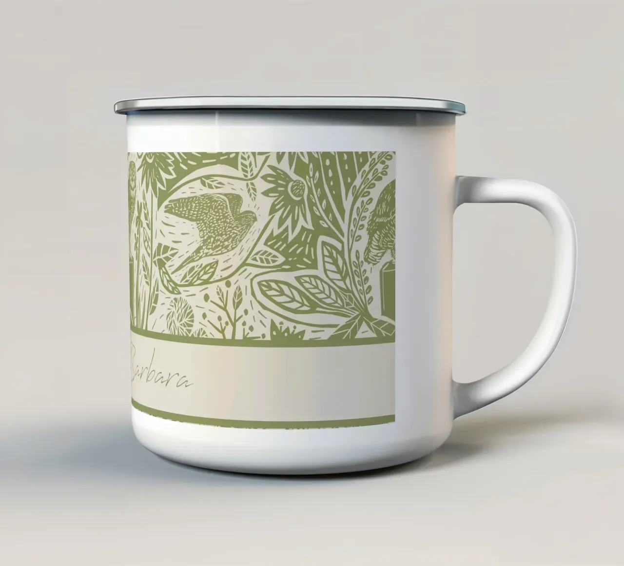 Linogravure Boho personnalisée - Oiseaux - Impression d'art rustique mug en émail de Patruschka’s Patterns